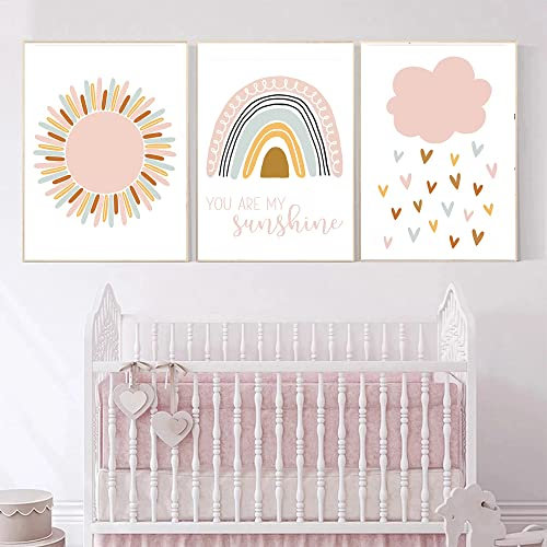 Youihom 3 Wandposter Regenbogen Wolke Sonne Poster A3 Boheme Bild Kinderzimmer Mädchen Jungen Leinwand Babydeko Nordic Geschenk ohne Rahmen