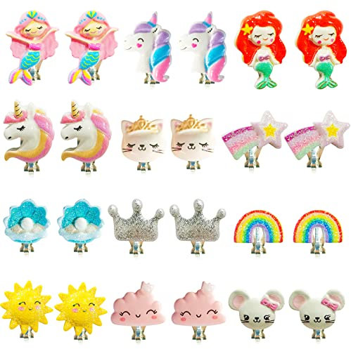 Comius Sharp Orecchini con Nessun tipo di metallo a Clip per Ragazze, 12 Paia, in Resina Non Allergici, Accessori per Gioielli da Principessa, Unicorno, Sirena, Arcobaleno