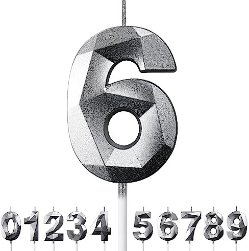 Birthday Candles for Cakes 0-9 Number Candles Silver Birthday Cake Candles for Anniversary Birthday Party Decorations Cake Toppers Number 6 Cake Candles