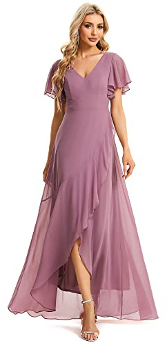 Ever-Pretty Women Chiffon Asymmetrical V Neck Short Sleeves Long Wedding Bridesmaid Dress Orchid 10