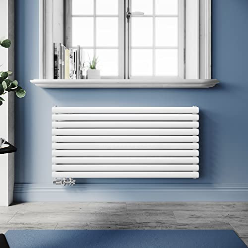 SUNXURY Design Heizkörper Röhrenheizkörper 593x1200mm Horizontal Doppellagig Heizkoerper mit Chrom Multiblock Seitenanschluss Weiß Badheizkörper