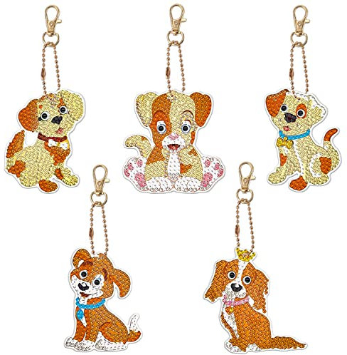 Fyihoxi 5 Stück Diamond Painting Schlüsselanhänger, Diamant Painting Anhänger Hund, 5D DIY Diamond Painting Keychain, Schlüsselanhänger Hund für Kinder Erwachsene Schultaschen Kleidung Dekoration