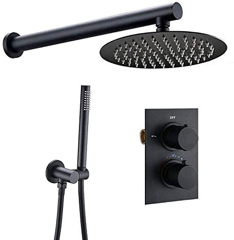 DERBUT Badezimmer-Duschset, Mattschwarz, Regendusche, Wand- oder Deckenmontage, Thermostatventilsystem, 25,4 cm Duschkopf