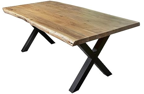 SAM Esstisch 220 x 100 cm Cali, Baumkantentisch naturfarben, Akazienholz massiv, X-Gestell aus Metall Schwarz, aufgedoppelte Kanten 25+25 mm