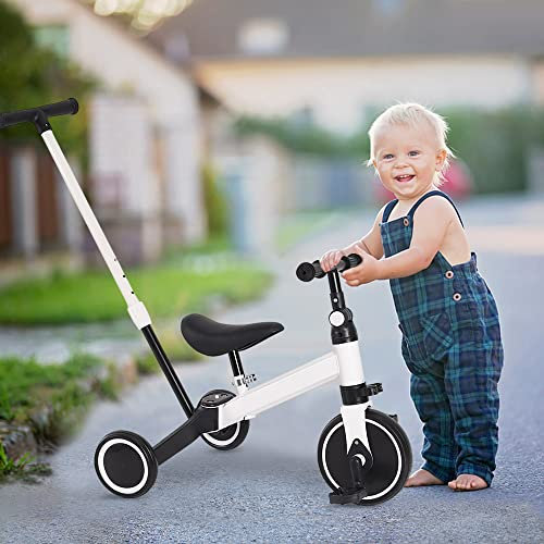 Kleinkind-Dreirad, Kinderfahrrad Laufrad mit Abnehmbare Zusammenklappbar Pedale, Dreirad mit Verstellbaren Sitzen, Lauflernhilfe für Kinder ab 1 Jahre bis 4 Jahren (Mit Putter-Weiß)