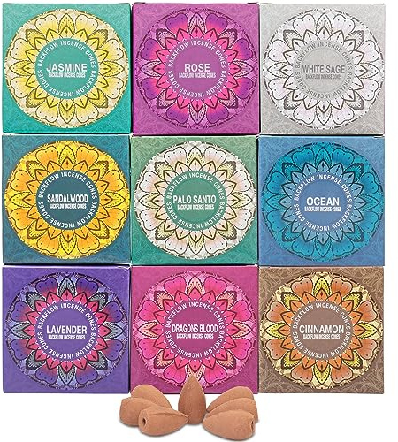 Juego de 9 conos de incienso de reflujo, paquete variado de regalo, salvia blanca, sangre de dragones, palo santo, jazmín, lavanda, océano, sándalo, canela, rosa para cascada, humo, aromático, fuente