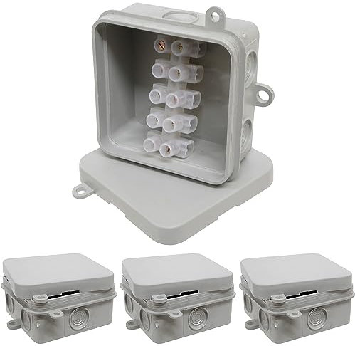 4x IP44 Junction Box with Push on Lid and 15A 5 Way Strip Connector for Electrical Wiring and Lighting - Indoor or Outdoor - 65mm