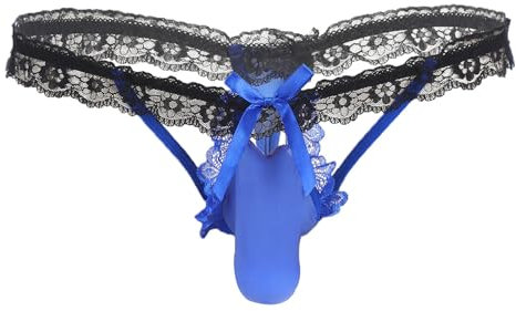 ranrann Homme Sissy String Sexy Dentelle sous-vêtement Gay Slip Jockstrap Bulge Pouch Bikini G-String Panties Underpants Bleu Taille Unique