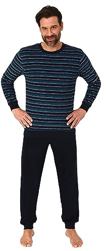Normann Herren Frottee Schlafanzug Langarm, Pyjama mit feinem Ringel-Muster