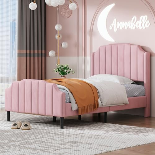 ZYLOYAL10 Polsterbett Kinderbett Bettrahmen mit Kopfteil, Fußteil und Lattenrost Rosa Samt gepolstertes Doppelbett Jugendbett Gästebett (90 x 200 cm, Rosa)