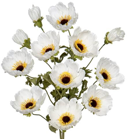Künstliche Mohnblumen für Heimdekoration, 3 Pcs Langstielige Realistische Künstliche Seidenblumen, Künstlicher Mohn für Küche Hochzeit Dekoration Blumenarrangement, Tischaufsteller (Weiß)