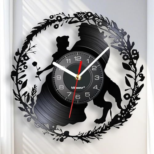 Viiluuxr Vinyl Schallplatten Uhr 30 cm Die Schöne und das Biest Wall Clock Ausgefallene Wanduhren Analoge Kinderzimmer Wanduhr ohne Tickgeräusche Karikatur Deko Wohnzimmer Kreativität Kinderwanduhr.