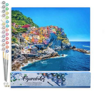 Figured'Art Peinture par Numéro Adulte Village des Cinq Terres - Activité Manuelle Kit de Loisir Créatif DIY Numéro d'Art Complet - 40x50cm sans châssis en bois
