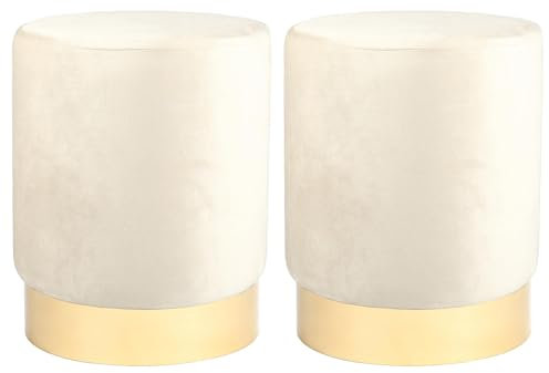 Harbour Housewares Velvet Round Foot Stools - Cream with Gold Base - Pack of 2 - Small Modern Dressing Table Pouffe Footstool Vanity Seats Vanity Chairs Footstools for Living Room, Bedroom