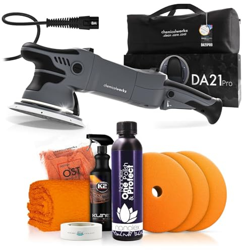 Poliermaschinen Set: chemicalworkz DA21 Pro Exzenter Poliermaschine + Nanolex One-Step Politur + Royal Pads Polierpads + Zubehör - Auto Lack Politur, Kratzer entfernen, Aufbereitung | 8-teilig