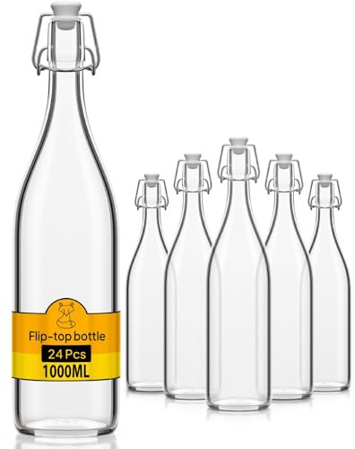 Flaschen-Fuchs Juego de 24 botellas de vidrio de 1L con cierre hermético - Botella para aceite, vino, licores, agua, cerveza, jugos de fruta, conservas y leche - Botellitas de vidrio pequeñas