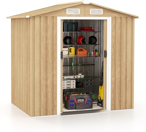 COSTWAY Caseta Jardin Exterior, 2.34 ㎡, 196x129x186 cm, Cobertizo Jardin Exterior Metálico, 4 Ventilaciones, Puertas correderas, Techo a Dos Aguas Inclinado y Guantes, Garden Shed sin Base, Natural