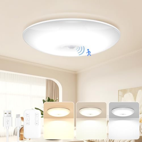 YrgePowk Plafon LED Techo con Sensor de Movimiento, 20CM Lampara Techo Sin Cables con Batería 1200mAh, Recargable Luz LED Techo Regulable Plafón Techo para Porche, Baño, Balcón