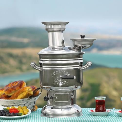 Semaver Authentique Samovar turc 4 L Chauffe-eau et théière pour bateau, camping, randonnée, chasse, yachting, bouilloire à thé (théière en aluminium incluse)