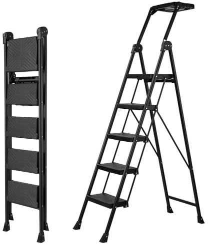XinSunho 5 Step Ladder, Heavy Duty Steel with Foldable Handrail & Tool Tray
