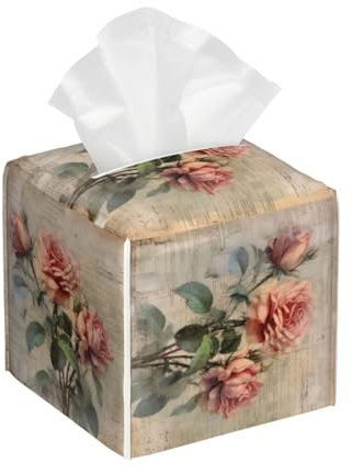 Copertura quadrata per fazzoletti, in pelle, supporto per scatola di fazzoletti, vintage, motivo floreale con piante floreali retrò, per tavolo, bagno, auto, ufficio, 13,2 x 13,2 x 13,2 cm
