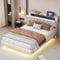 WIZBED Bett 140x200 mit L-E-D und USB, Polsterbett mit höhenverstellbar Stauraum Kopfteil, Doppelbett mit Lattenrost, Jugendbett Stauraumbett Leinenstoff Bettgestell,ohne Matratze Beige
