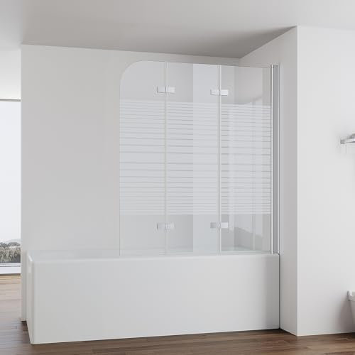IMPTS 120x140cm Duschwand für Badewanne 3 teilig, Badewanne Glaswand Faltwand mit Streifen Milchglas, Duschtrennwand Faltbar Badewannenaufsatz Duschglaswand mit 6mm Nano Sicherheitsglas