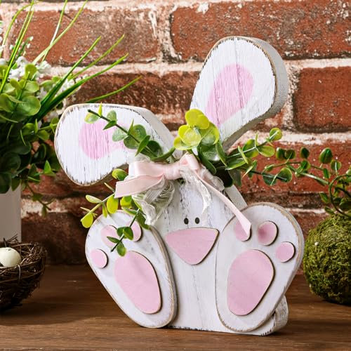 Treory Osterdekorationen: Rustikale handgefertigte Osterhasen-Tischschilder mit rosa Pfoten und Spitzenschleife, weiße Holzschilder, Osterdekoration, rustikale abgestufte Tablett-Dekoration,