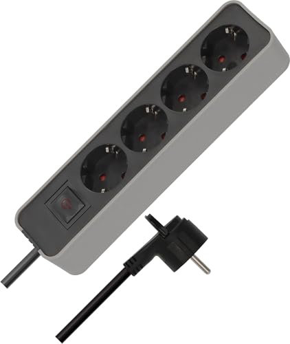 Brennenstuhl Steckdosenleiste 4-Fach (Mehrfachsteckdose mit Schalter, Flachstecker und 1,4m Kabel) schwarz/grau