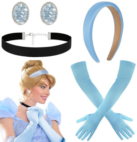 4 Stück Prinzessin Kostüm Set für Damen – Blaues Cinderella Kleid Zubehör mit Handschuhen, Stirnband & Halsband – Elegantes Märchen Kostüm für Fasching, Party & Karneval