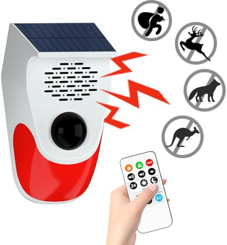 Outdoor Motion Sensor Noise Maker with 8 Replaceable Recording,Dog Barking Motion Detector Alarm,Three Levels of Adjustable Volume,Three Operating Modes,Motion Activated Alarm with Remote Control (1)
