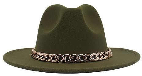 ZC8bdbd Fedora Filzhut für Damen und Herren, klassisch, große breite Krempe, Jazzhut mit Kette, Army Grün, L