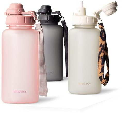 MAMEIDO Trinkflasche 1 l mit Strohhalm & Zeitmarkierung als Trinkerinnerung, Wasserflasche auslaufsicher, Sportflasche BPA-frei, Gym Water Bottle, Flasche aus Tritan (Flamingo Pink)