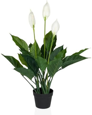 hjh OFFICE Planta artificial en maceta, 80 cm, planta de interior, lirio de la paz artificial, planta decorativa con 3 flores