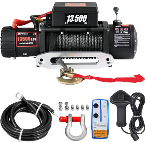 Cabrestante eléctrico, 12 V, 13500 lb/6120 kg, cuerda sintética, 24 m x 9,5 mm, control remoto inalámbrico, motor potente, engranaje de acero completo