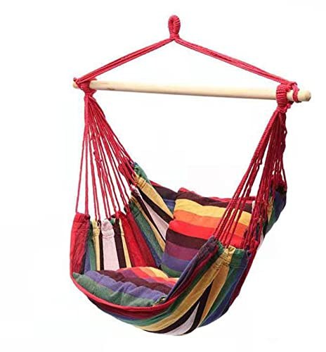 Silla Columpio de Lona con Respaldo, Estructura de Acero Resistente, Asiento Colgante Portátil y Cómodo para Interior, Dormitorio, Patio o Sala de Estar (Rayas Coloridas)
