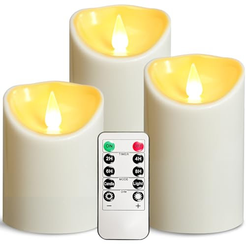 OSHINE Plastic Battery Flameless Candles - led Battery Candles Set of 3 Ivory D3 H4 5 6 Powered Outdoor Candle Operated with Remote Control and Timer Electric Fake Flickering for Decoration Party