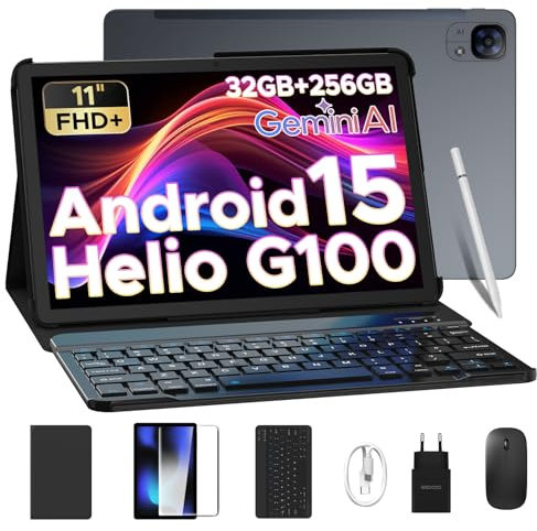 DOOGEE Tab E3 Android 15 AI Tablet mit Tastatur, Helio G100, 32GB + 256GB (2TB TF) Tablet 11 Zoll FHD+ 8800mAh Tablets mit SIM Card Slot, 4G LTE + 5G WiFi 7.5mm Ultradünn Tablets mit Stift,Maus,Hülle