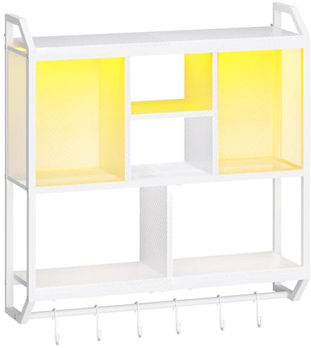HOOBRO Gaming Floating Shelf, 73cm Wall Mounted Hanging Shelf with LED Lights, 4-Tier Display Rack for Wall Storage, Floating Storage Rack with 6 S-Hooks, for Gaming Room, White EWT70DBJ01