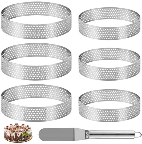 Liuliushun 6 Stück Mousse Tartelette Förmchen, Dessertringe 8cm 10cm, Edelstahl Mousse Ringe, Perforierter Backringe Crumpet Rings für Mini Muffins Torten Pie Quiche Kreis Pizzen, mit 1 x 22cm Spatel