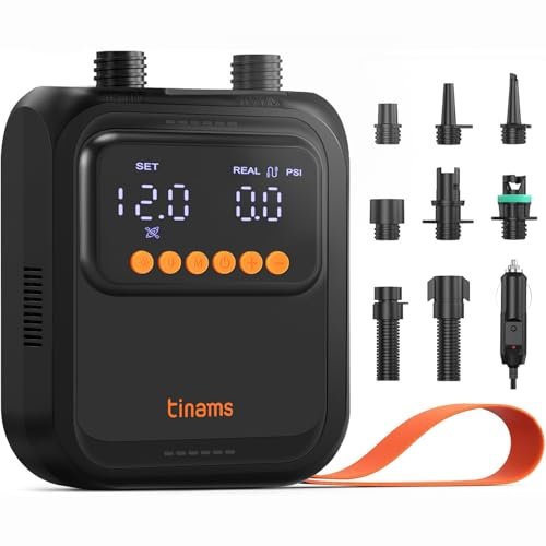 tinams 20PSI High-Pressure Electric SUP Pump, 12V Car-Powered Auto Shut-Off Air Pump, Ultra-Lightweight for Paddle Boards, Kayaks & Inflatables (12V DC 20PSI)