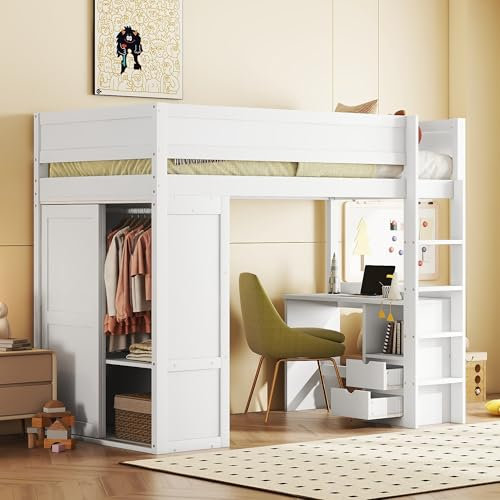 Kinderbett Etagenbett 90x200, Hochbett mit Kleiderschrank & Schreibtisch & Schubladen & Bücherregal, Funktionsbett Stockbett Holzbett Bettgestell mit Rausfallschutz & Lattenrost, Ohne Matratze, Weiß