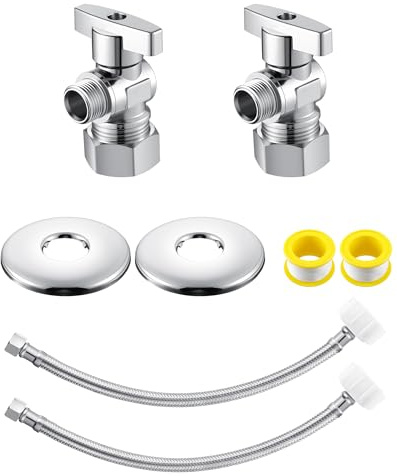 Dreyoo 2 Pack Complete Toilet Valve Set, Includes 1/2 inch Nom Inlet x 3/8 Inch OD Compression Outlet Angle Shut Off, 12 Stainless Steel Toilet Water Supply Line, Escutcheon Plate, Sealing Tape