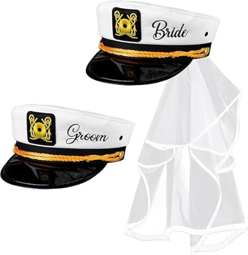 JUSTOTRY Bride to Be Kapitänshut mit Schleier Jga und Bräutigam Hats,Mr und Mrs Partner Geschenke Junggesellenabschied Frauen und Jga Mann