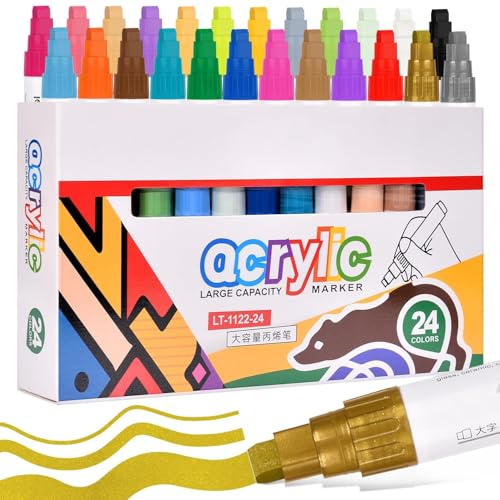 colourmotor 24 Colors Jumbo Markers, Poster Markers, 8mm 3 in 1 Nib Wide Tip Acrylic Paint Pens for Rock Painting, Glass, Wood, Auto, Metal, Window