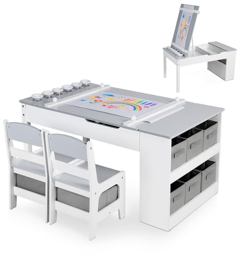 GRAVFORCE 3 in 1 Kids Art Table and Chair Set Large Storage Children Desk for Art Drawing Reading Playroom Grey