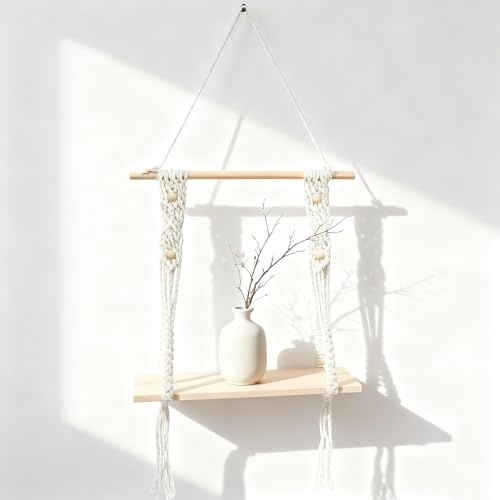 CeyKvo Libreria murale legno, macramè arazzo, tessuto mano – stile bohémien | Legno massello & macramè mano. Ripiano per decoro, libri, piante. Soggiorno, camera, bagno – boho