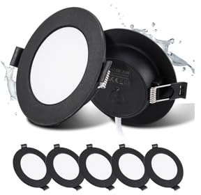 Lot de 5 Spot LED Encastrable Noir 5W, Blanc Froid 6000K, Trous Ø75-90mm | Grebeam Spot Encastrable Noir 90mm, IP44, Ultramince 25 mm, AC 220V-240V, Spot LED Extérieur Rond pour Cuisine Salon Chambre
