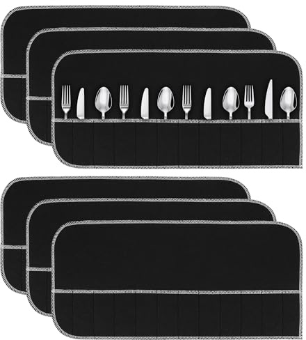 Tryora 6 Pieces Silver Storage Bag Anti-tarnish Silverware Protective Bag | Black Cutlery Silver Protection Roll with White Ribbon Tableware Protector Cloth Silverware Felt Flatware Storage Organizer