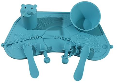 Baby Feeding Systems with Not Slip Silicone Mat Includes Suction Bowls Spoons Forks Cups & Straws Suitable for Toddler Baby Led Weaning Placemat Set